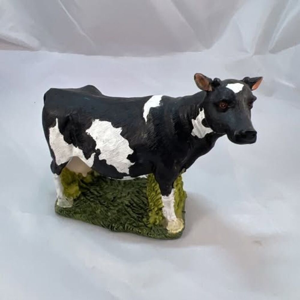 Hand-Painted Resin Cow Figurine -- Holstein Cow on Grass Base, 4 In. Tall